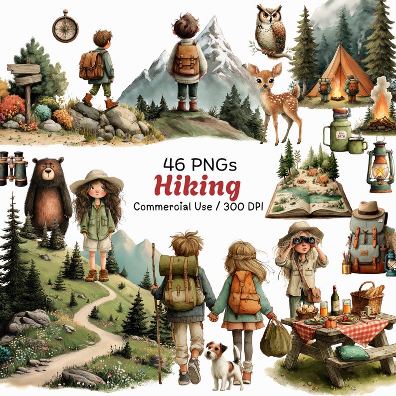 K&ouml;nnte beinhalten: Eine digitale Illustration mit Wandermotiven. Das Bild zeigt Kinder mit Rucks&auml;cken, einen B&auml;ren, eine Eule, ein Reh, ein Zelt, einen Picknicktisch und den Text "46 PNGs Hiking Commercial Use / 300 DPI".