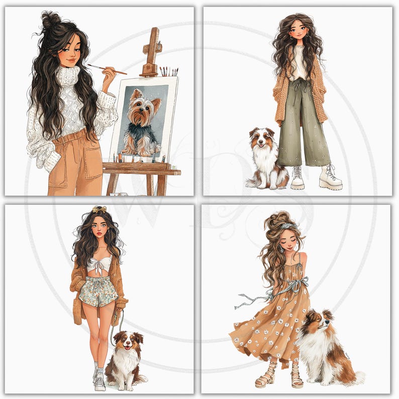 May include: Four square illustrations featuring stylish women with dogs. One woman paints a dog portrait. Another stands with a dog. A third woman walks a dog. The last woman stands with a dog in a flowing dress.