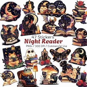 May include: A collection of 47 stickers with a night reader theme. The stickers feature illustrations of owls, frogs, fairies, and other whimsical creatures reading books, with moons, candles, and stars. The text "Night Reader" is displayed.