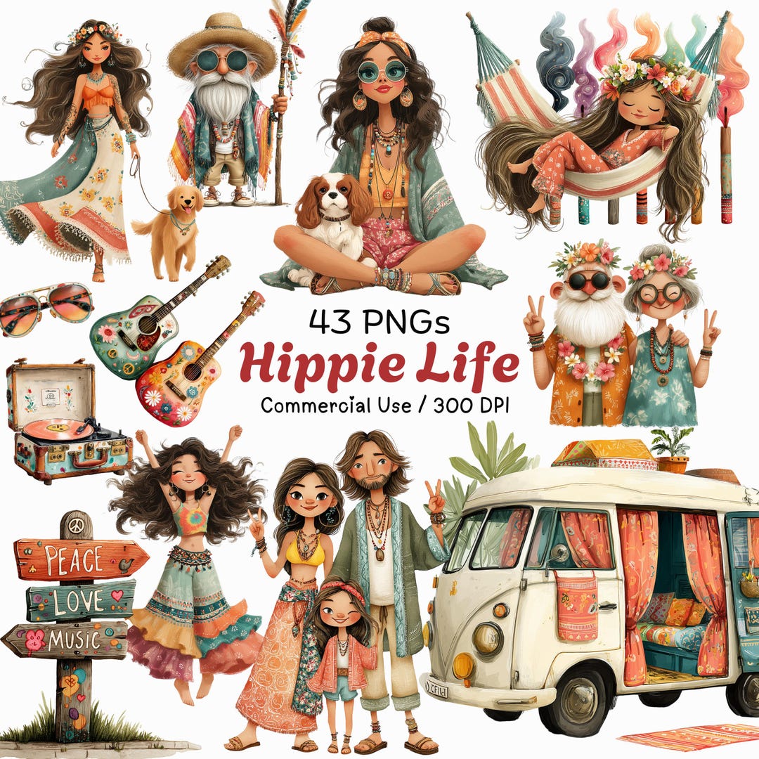 Whimsy Hippy Hippie Life Clipart: Retro Boho Lifestyle Whimsical Graphics (digital ...
