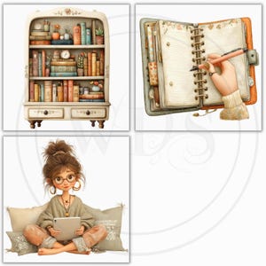 K&ouml;nnte beinhalten: Digitale Illustration mit einem wei&szlig;en B&uuml;cherregal voller B&uuml;cher, einem Notizbuch mit einer Hand, die einen Stift h&auml;lt, und einer Person, die mit einem Tablet sitzt. Das B&uuml;cherregal hat florale Akzente und ist mit B&uuml;chern verschiedener Gr&ouml;&szlig;en und Farben gef&uuml;llt. Das Notizbuch ist offen mit leeren Seiten.