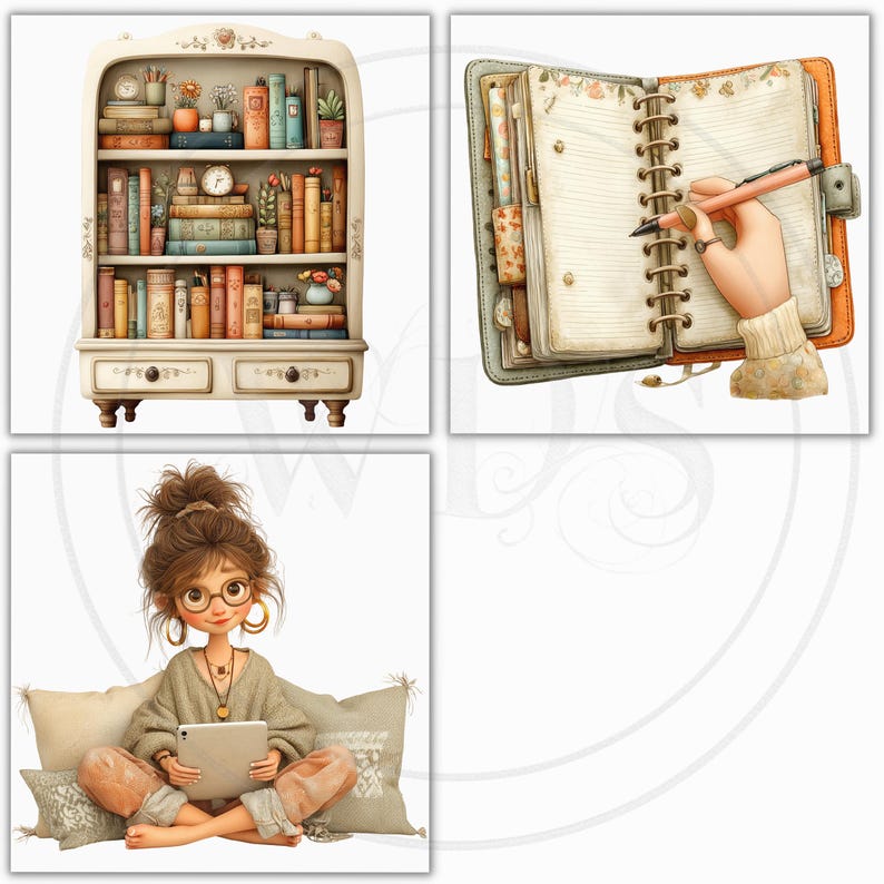 K&ouml;nnte beinhalten: Digitale Illustration mit einem wei&szlig;en B&uuml;cherregal voller B&uuml;cher, einem Notizbuch mit einer Hand, die einen Stift h&auml;lt, und einer Person, die mit einem Tablet sitzt. Das B&uuml;cherregal hat florale Akzente und ist mit B&uuml;chern verschiedener Gr&ouml;&szlig;en und Farben gef&uuml;llt. Das Notizbuch ist offen mit leeren Seiten.
