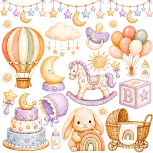 Può includere: Una collezione di illustrazioni ad acquerello con una mongolfiera, un cavallo a dondolo, una culla in vimini con una coperta arcobaleno, una torta a piani, un coniglietto, un ciuccio, palloncini, una cuffietta, un sonaglio, un cubo con la lettera B.