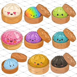 May include: A collection of nine illustrated bao buns in various colors including white, rainbow, green, pink, purple, blue, yellow, and black, each featuring a smiling face and presented in a small, round, woven bamboo steamer basket.