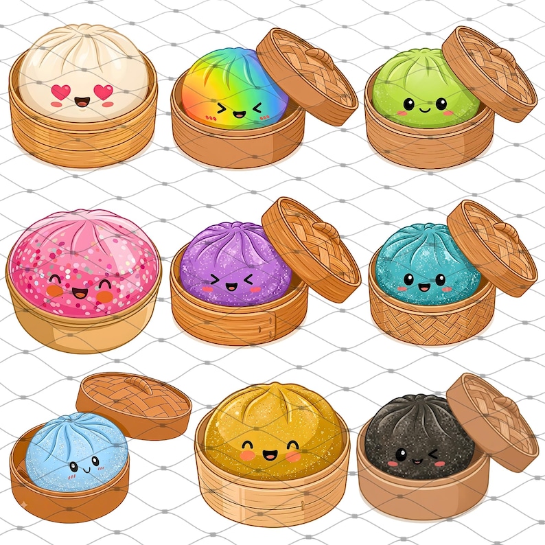 May include: A collection of nine illustrated bao buns in various colors including white, rainbow, green, pink, purple, blue, yellow, and black, each featuring a smiling face and presented in a small, round, woven bamboo steamer basket.