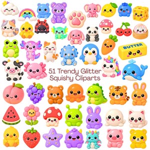 Puede incluir: Una colección de 51 figuras squishy coloridas de estilo caricatura que representan animales, frutas y objetos con caras sonrientes. El conjunto incluye un bloque de mantequilla con el texto 'BUTTER', un arcoíris, una huella y varias criaturas como gatos y osos.