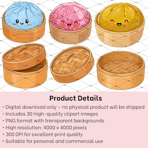 May include: A collection of digital illustrations featuring three colorful, smiling steamed buns in bamboo steamers and three empty bamboo steamer baskets. The text Product Details is visible, followed by a list of specifications regarding the digital download, including file format, resolution, and usage rights for the thirty high-quality clipart images.