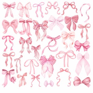 May include: A collection of various watercolor illustrations of pink bows in different shapes, sizes, and styles. The bows feature diverse ribbon textures, ranging from simple loops to intricate knots with long, flowing tails in shades of light pink.
