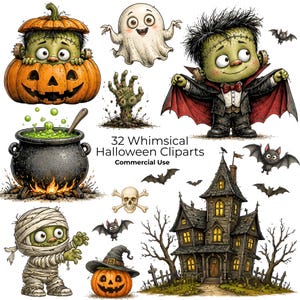 May include: A collection of Halloween-themed digital illustrations featuring a green monster in a pumpkin, a ghost, a zombie hand, a monster in a tuxedo, a bubbling cauldron, a skull, bats, a mummy, a jack-o'-lantern, and a house with text 32 Whimsical Halloween Cliparts Commercial Use.