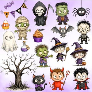 以下が含まれることがあります： ハロウィーンをテーマにしたイラスト集。死神、フランケンシュタインの怪物、ミイラ、幽霊、ゾンビ、魔女、悪魔、吸血鬼、黒猫、クモ、コウモリ、カップケーキ、キャンディコーン、枯れ木が描かれています。