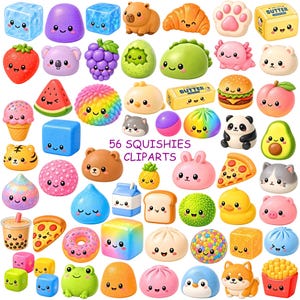 56 Glitter Squishy Clipart PNG-paket, söt kawaii dumpling-clipart, glittrande matfigurer, nyckfull asiatisk matgrafik, kommersiellt bruk