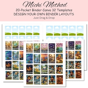 Puede incluir: Michi Method 20-Pocket Binder Canva 32 Templates. Conjunto de diseño digital con cuadrículas para tarjetas coleccionables, que incluye plantillas en blanco con gráficos de nubes y césped, además de hojas de ejemplo llenas de diversas tarjetas ilustradas.