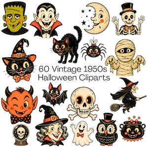 May include: A collection of 60 vintage 1950s Halloween cliparts featuring illustrations of a green monster, a vampire, a crescent moon, a skeleton, a black cat, a spider, a mummy, a devil, a bat, a skull, a witch, a ghost, and an owl.