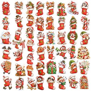 Könnte beinhalten: Eine Sammlung von neunundvierzig einzelnen Illustrationen mit roten Weihnachtsstrümpfen, die mit grünen Tannenbaummotiven verziert sind und jeweils verschiedene festliche Figuren, Feiertagsleckereien und saisonale Gegenstände wie Zuckerstangen enthalten.