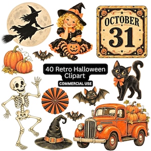 Puede incluir: Una colección de 40 imágenes prediseñadas de Halloween retro que incluyen una bruja en una escoba, un niño con disfraz de bruja, una página de calendario del 31 de octubre, calabazas, murciélagos, un gato negro con lazo naranja y un esqueleto.