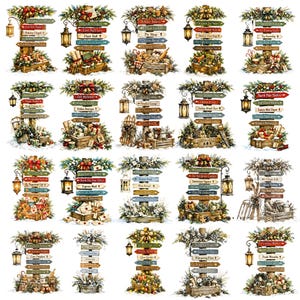 May include: A collection of twenty vertical wooden signposts featuring various holiday-themed directional arrows, hanging lanterns, and decorative evergreen arrangements with gift boxes, all set against a plain white background.