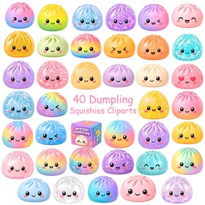 May include: A collection of 40 dumpling squishies featuring various colors, gradients, and glitter finishes, each with a unique smiling face. A small purple box labeled Mystery Dumpling is centered among the items, with the text 40 Dumpling Squishies Cliparts.