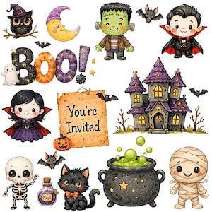 May include: A collection of Halloween-themed illustrations featuring a black owl, a crescent moon, Frankenstein's monster, a vampire, a ghost, the text Boo!, a haunted house, a sign reading You're Invited, a skeleton, a cat, and a mummy.