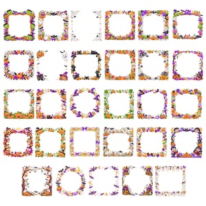 May include: A collection of thirty-four square and circular decorative frames featuring Halloween themes. The designs include illustrations of pumpkins, ghosts, black cats, bats, witches' hats, spiders, candy, and haunted houses in vibrant colors.
