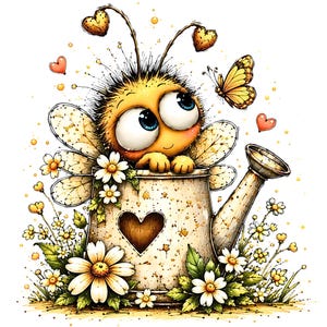 May include: A cartoon illustration of a fuzzy yellow bee with large blue eyes peeking out from a speckled watering can. The can features a heart-shaped cutout, and the scene is decorated with white daisies, green leaves, and a small yellow butterfly.