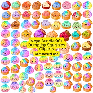 Könnte beinhalten: Eine Sammlung von über 90 bunten Dumpling-Squishy-Cliparts mit verschiedenen Pastell- und Regenbogenverläufen, jedes mit einem einzigartigen lächelnden Gesicht, einige in Bambusdampfkörben, mit dem Text Mega Bundle 90+ Dumpling Squishies Cliparts Commercial Use.