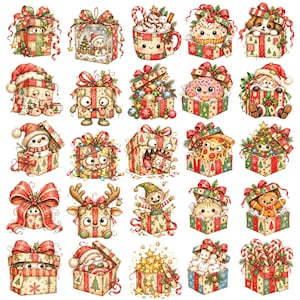 Könnte beinhalten: Eine Sammlung von fünfundzwanzig einzelnen Illustrationen mit verschiedenen weihnachtlichen Figuren und Objekten, darunter Schneemänner, Monster, der Weihnachtsmann, Lebensmittel und festliche Dekorationen in Geschenkboxen.