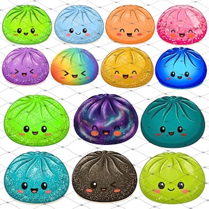May include: A collection of fourteen round, squishy stress balls featuring various colors, glitter finishes, and galaxy patterns. Each ball has a printed smiling face with blushing cheeks and is encased in a thin, white, net-like mesh covering.
