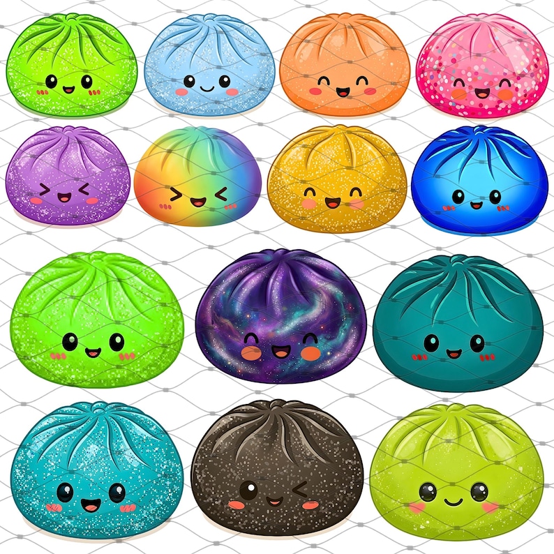 May include: A collection of fourteen round, squishy stress balls featuring various colors, glitter finishes, and galaxy patterns. Each ball has a printed smiling face with blushing cheeks and is encased in a thin, white, net-like mesh covering.