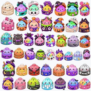 May include: A collection of colourful, cartoon-style dumpling characters, each nestled in a unique Halloween-themed container. The set features various designs including pumpkins, ghosts, skulls, bats, and cauldrons, all rendered in vibrant, glittery, and pastel hues.
