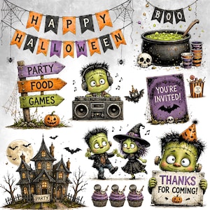 May include: A collection of Halloween-themed illustrations featuring a Happy Halloween banner, a cauldron, a signpost with Party, Food, and Games, a monster with headphones, a haunted house, dancing monsters, and a sign reading Thanks For Coming.