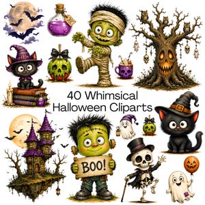 Könnte beinhalten: Eine Sammlung von 40 digitalen Halloween-Illustrationen mit einer Mumie, einem Skelett, einem Spukhaus, schwarzen Katzen mit Hexenhüten, Geistern, einem gruseligen Baum, Zaubertränken und einem grünen Monster mit einem Schild 40 Whimsical Halloween Cliparts.