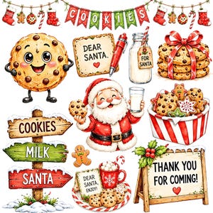 Peut inclure: Une collection d'illustrations sur le thème de Noël comprenant un personnage biscuit souriant, une lettre au Père Noël avec un stylo rouge, une bouteille de lait, des biscuits avec un ruban rouge, le Père Noël, un panneau indicateur et un panneau THANK YOU FOR COMING.