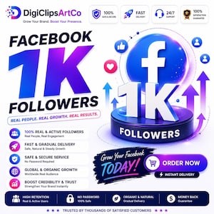 Può includere: Grafica promozionale per i follower di Facebook. L'immagine presenta il testo "FACEBOOK 1K FOLLOWERS" in grandi caratteri in grassetto. Ulteriori testi evidenziano funzionalità come follower reali, consegna rapida e servizio sicuro. Il design è blu, viola e bianco.