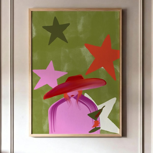 Funky Abstract Woman Art, Pop Art Martini Print, Olive Green Pink Stars, Retro Bar Cart Poster, Groovy Wall Decor, Digital Download