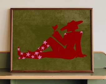 Funky Western Girl Drinking Martini Print, Red Silhouette Art, Bar Cart Martini Decor, Preppy Dorm Poster, Digital Download