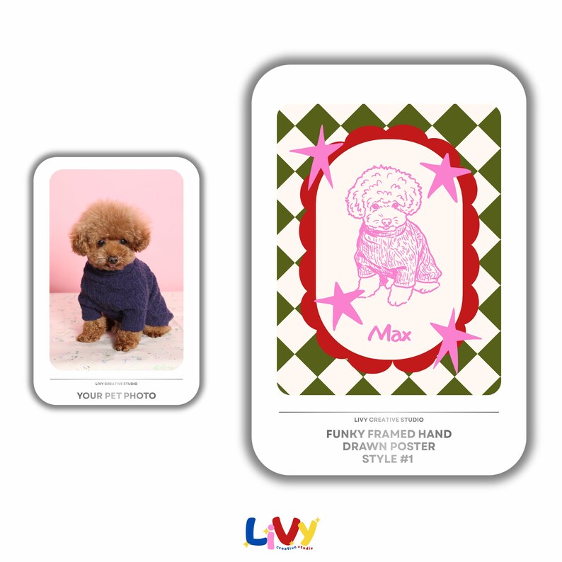 May include: A framed poster and a pet photo. The poster features a pink illustration of a dog wearing a sweater, surrounded by pink stars and a red scalloped border. The text "Max" is below the dog. The pet photo shows a brown dog wearing a blue sweater.
