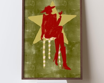 Funky Western Cowgirl trinkt Martini Druck, rote Silhouette Kunst, Bar Warenkorb Martini Dekor, Preppy Wohnheim Poster, digitaler Download