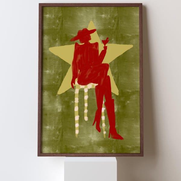 Funky Western Cowgirl Drinking Martini Print, Red Silhouette Art, Bar Cart Martini Decor, Preppy Dorm Poster, Digital Download