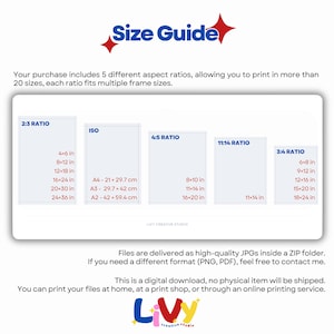 May include: A white digital art print size guide with the text "Size Guide" in blue. The guide shows different aspect ratios with corresponding inch measurements. The text "LIVY creative studio" is at the bottom.