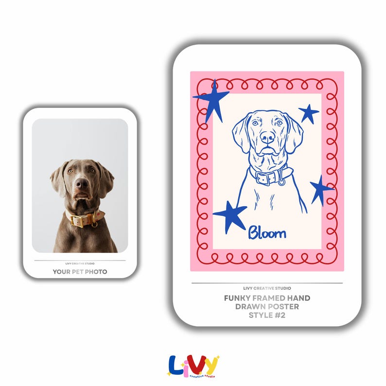 May include: Two dog-themed art prints. One features a Weimaraner with a tan collar, the other a blue line drawing of a dog with stars and the word "Bloom" on a pink background. The prints are on a white background.
