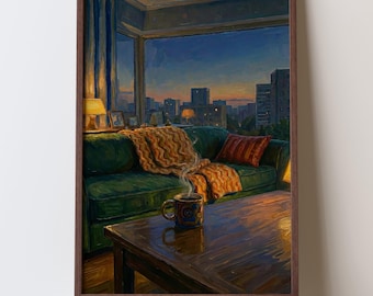 Cozy Golden Hour with Coffee Oil Painting, Lofi Window View City Print, Hygge Slow Living Decor, Morning Coffee Poster