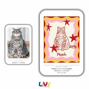 May include: Two framed cat-themed art prints. One is a photo of a gray tabby cat. The other is a hand-drawn poster with a cat illustration, red stars, and the word "Peach". The poster has a pink and yellow border. Text on the poster reads "FUNKY FRAMED HAND DRAWN POSTER STYLE #3".