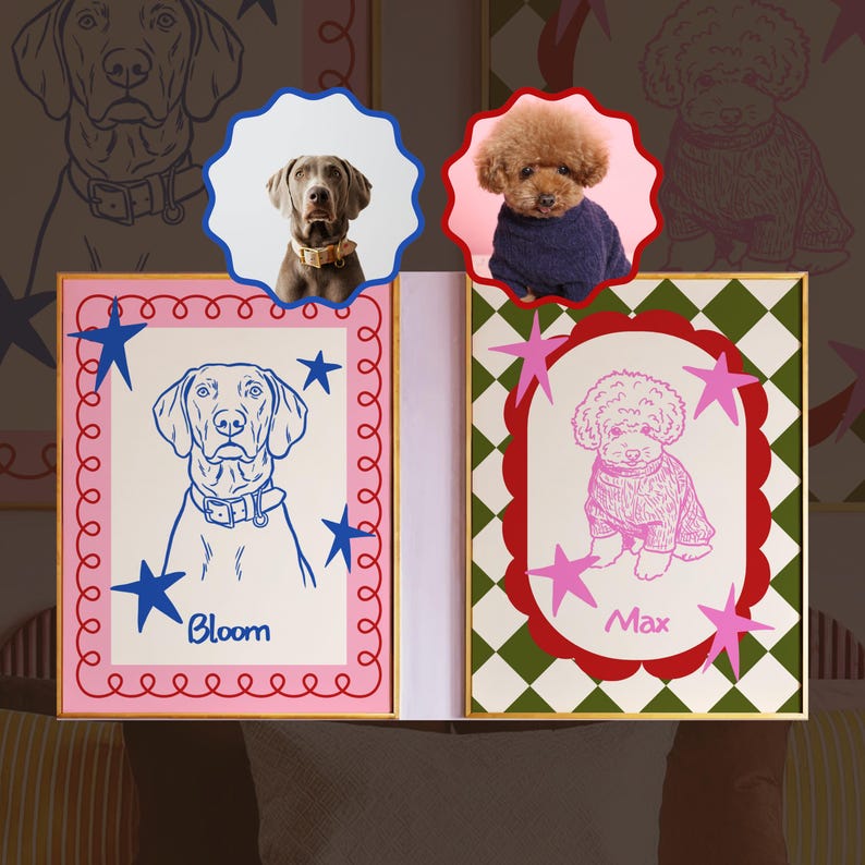 May include: Two framed dog portraits. One features a blue line drawing of a dog named Bloom, surrounded by pink stars and a pink border. The other shows a pink drawing of a dog named Max, with a red border and green and white checkered background.