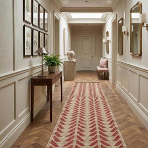A red and cream herringbone pattern runner rug with fringed ends on a wood floor in a hallway with white wainscoting.