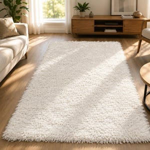 May include: A rectangular area rug with a thick, high-pile shaggy texture in a solid off-white colour. The rug features a dense, soft surface with long, loose fibres that create a plush appearance, covering the floor space between the furniture.