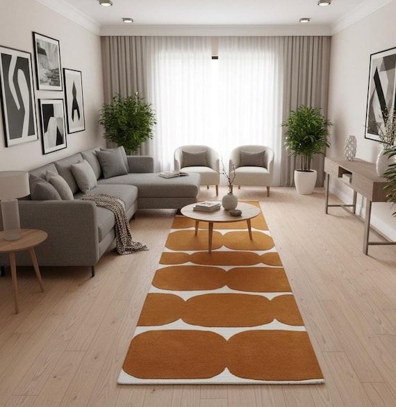 Mustard Yellow Geometric Runner Rug, Mid-Century Modern Tufted Carpet