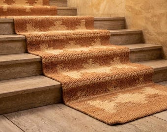 Tapete passadeira de cânhamo e juta tecido à mão - Tapete geométrico de fibra natural para corredor - Tapete de entrada estilo boho campestre