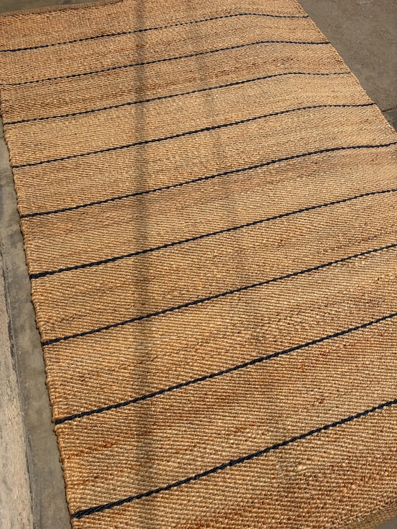 Handwoven Jute Hemp Runner Rug: Blue Stripes, Boho Farmhouse Hallway