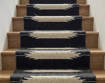 Tapete Kilim de juta preta tecido à mão | Tapete geométrico boho para escadas