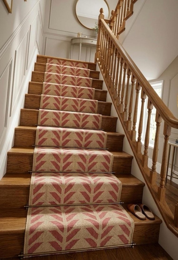 Hallway Runner Rug Wool Rug, Red & Cream Herringbone Design for or Kitchen